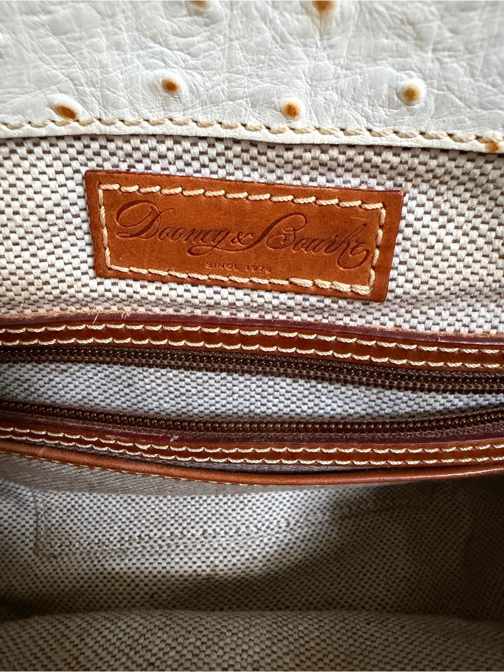 Dooney & Bourke White Ostrich-Texture Satchel with Brown Leather Trim - Picture 3 of 7